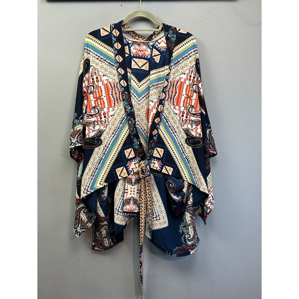 Boohoo Kimono Women One Size Navy Blue Paisley Tribal Print Boho Tie Front Wrap